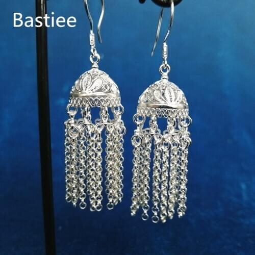 Bastiee 999 Sterling Silver Mongolia Hat Tassel Earrings For Women Fine Jewelry Hmong Handmade Earing Ethnic oorbellen brincos