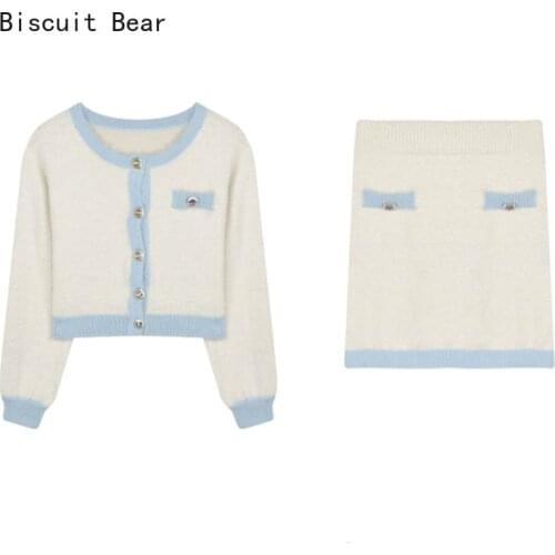 Biscuit Bear Chic FashionO Neck Knit Cardigan Long Sleeve Single-breasted Contrast Sweaters Short Mini Skirt White Two Piece Set