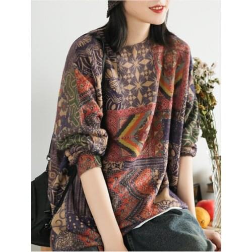 Women Sweater Autumn Knitting Retro Loose Pullovers 2019 New Print Geometric Tops O-Neck Casual Female All-match Sweater