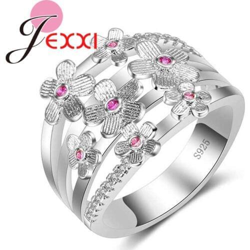 Dedicate 7 Pink Flower Wedding Ring For Women 925 Sterling Silver Jewelry Shiny AAA Cubic Zirconia Casual Party Bijoux