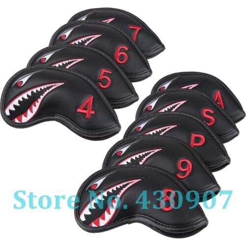 9pcs/set Black PU Leather with Shark Embroidery Golf Club Iron Head Cover 4,5,6,7,8,9,P,S,A