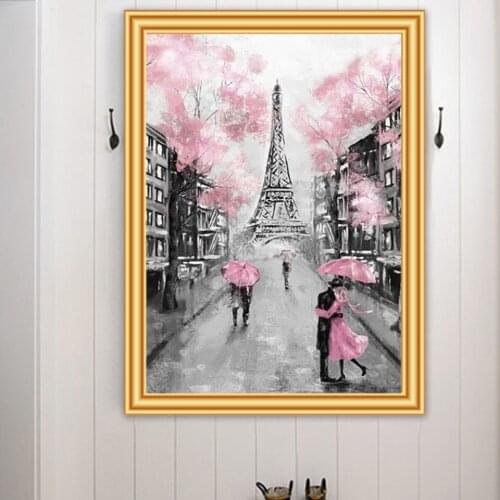 5D Diy Diamond Painting Pink Umbrella Rainy Day Landscape Cross stitch Diamond Embroidery mosaic Romatic Couple Paris Tower