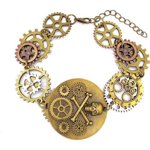 Bronze OX Pirate Skull DIY Gears Linked Steampunk Bracelet Vintage Jewelry