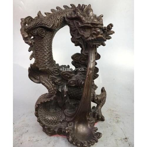 11'' Bronze copper home fengshui decor auspicious clouds Dragon spit ball statue