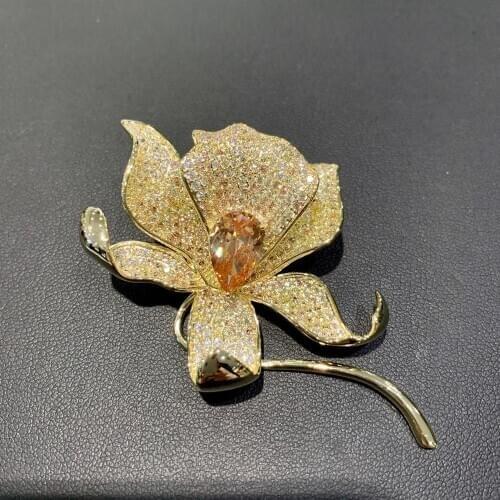 Gold color beautiful flower brooch copper with cubic zircon fashion women jewelry for coat & dress free shipping 6.7*4CM