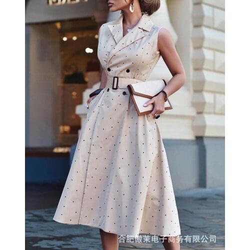 Full Body Polka Dot Sleeveless Lapel Professional Waist Waist Long Dress
