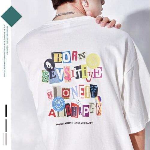 Mens Short-sleeved T-shirt Summer Trend Japanese Style Simple Letter Printing Cotton Loose Oversized Hip-hop Casual Couple Top
