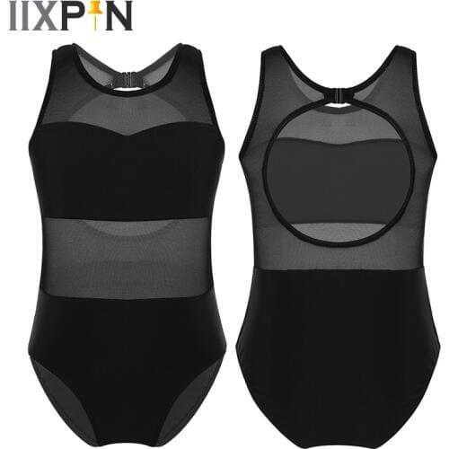 IIXPIN Kids Girls Ballet Leotards Dance Bodysuits Sleeveless Mesh Splice Cutout Back Ballet Dance Gymnastics Leotard Jumpsuit