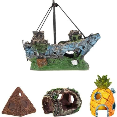 Artificial Aquarium House Rock Decoration Fish Tank Stone Boat Ornament Dinosaur Skull Decor Hiding Cave for Fish Shrimp