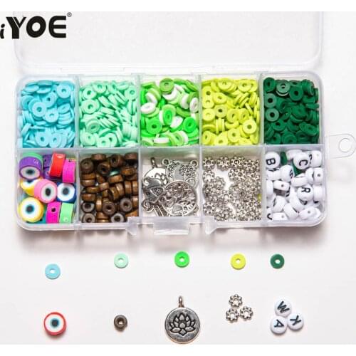 IYOE Flat Round Clay Chips Set Evil Eye Polymer Clay Beads Metal Charms Letter Wood Spacer Beads Kit For Jewelry Making Bracelet