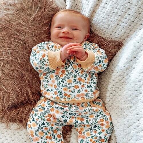 0-24 Months Newborn Baby Girls Two-Piece Clothes Set Floral Printed Long Sleeves Sweatshirt Pullover Top Pants Spring Autumn