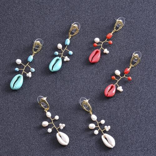 Electroplating real gold red coral stone fresh water pearl shell hand woven branch water drop earrings female wholesale factory