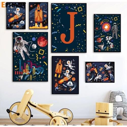 Nursery Planet Astronaut Canvas Painting Customized Capital Letter Nordic Space Rocket Posters and Prints Picture Kid Room Decor