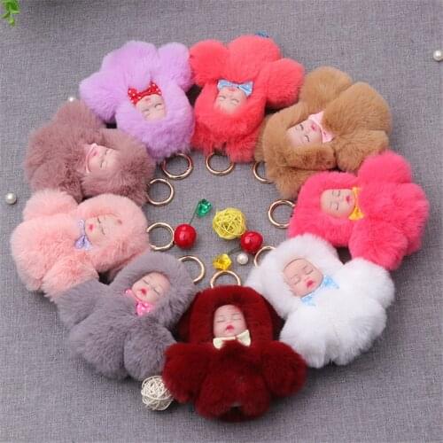 Fashion Faux Rex Rabbit Fur Sleeping Baby Toy Key Chain Woman Bag Charms Gold Ring Fluffy Pom Pom Doll Keychain Party Trinket