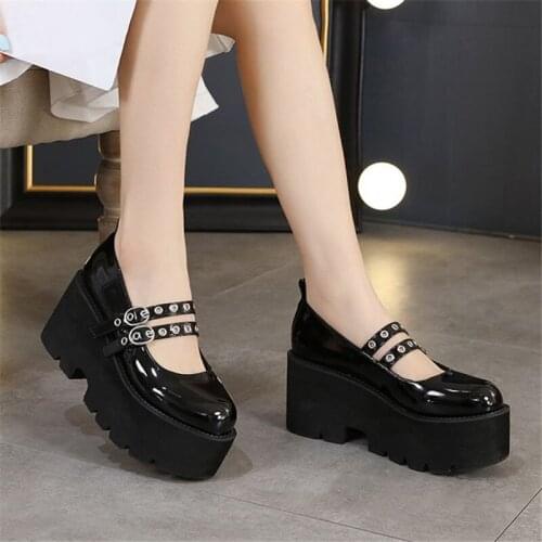 PXELENA 35-42 Plus Size Patent Leather Punk Gothic Cosplay Shoes Women Block Chunky High Heels Thick Sole Pumps 2021 Fall Spring