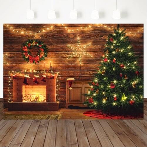 Christmas Photography Background Christmas Tree Fireplace Children Party Glowing Stars Wooden Backdrop Banner Studio Decoration