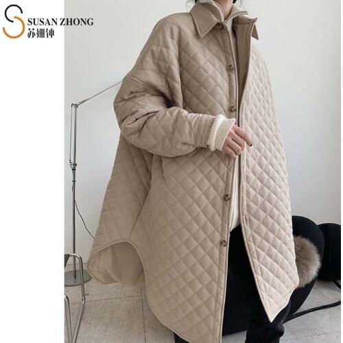 Women Coats Female Puffer Lady Padded Jacket Long Cozy Athleisure Fall Winter Loose Turn-Down Collar Batwing Sleeve Quilted Warm