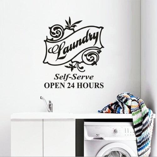 Laundry Sign Vinyl Wall Sticker Self-serve Laundry Room Decoration Open 24 Hours Poster Clothing Wash Store Wall Decals AZ458
