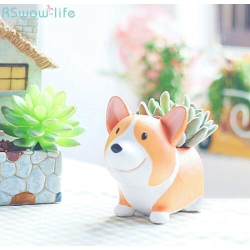 Creative Cartoon Cute Corkie Dog Office Potted Resin Fleshy Small Flower Plant Pots Gift Ideas Flowerpot Funny Desktop Ornaments
