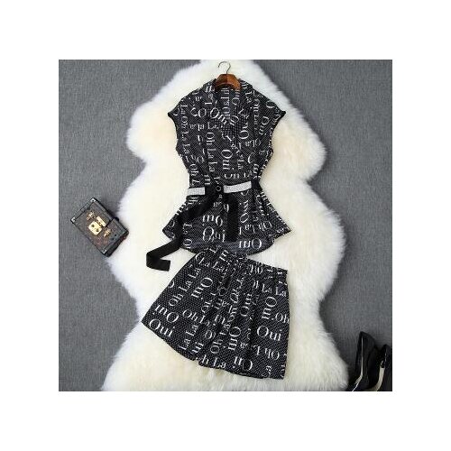 2019 summer womens new suit collar waist sleeveless shirt + letter printed wide leg shorts suitT3680