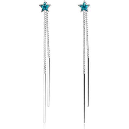 KOFSAC Fashion 925 Silver Stud Earrings For Women Engagement Party Charming Blue Crystal Star Long Tassel Earring Jewelry Gifts