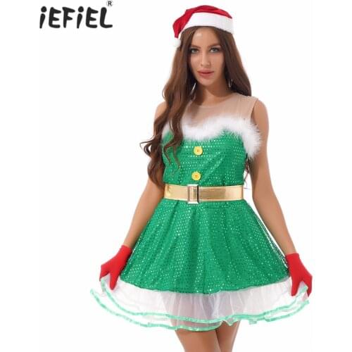Womens Christmas Costume Faux Fur Trim Sleeveless Dress Round Neck Shiny Sequin Dress with Petticoat Bowknot Belt Hat Gloves