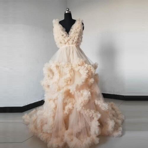 Champagne Sleeveless V-Neck Women Dress A-Line Floor Length Evening Dress With Train Tulle Ruffle Layered Prom Dress Photography