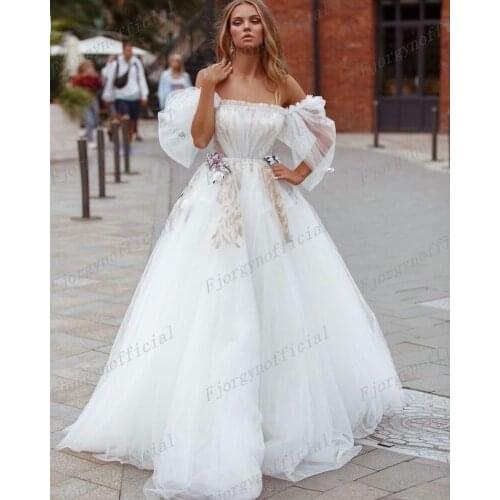 Elegant Fashion White Applique Wedding Party Dresses A-Line Tulle Womens Formal Dress Prom Gowns Custom Made Bridal Robes