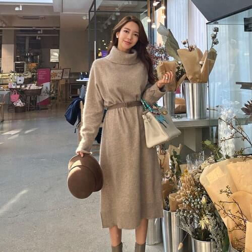 Elegant Korean Winter Vestidos Women Office Knitted dress Thickening Turtlenect Warm Long Dress Female Fashion Sweater Dresses