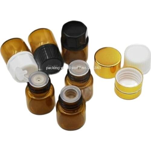 1ML brown glass bottle with plastic black/white lid silver/gold aluminum lid plastic stopper for sample test essential oil