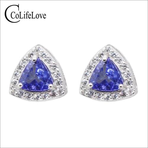 100% natural VVS tanzanite stud earrings 5 mm * 5 mm Trillion cut tanzanite earring for wedding solid 925 silver tanzanite jewel