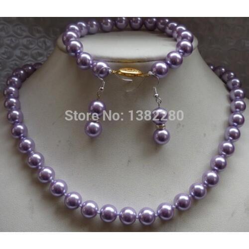 2015 fashion jewelry 10mm Purple Sea shell Pearl Necklace &Bracelets Earring JT6497