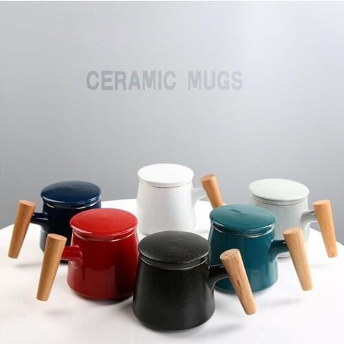 350ml Wood Handgrip Mugs High & Short Coffee Cups Drinkware Porcelain Mug With Lid And Strainer Ceramia Portable Travel Tea Cups