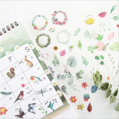 6 Pages/Pack Forest Flower Plant Leaves Bird Fox Animal Decorative Planner Stickers DIY Scrapbooking Phone Index Seal Stickers