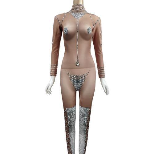 Sparkly Stretch Modern Women Rhinestone Jumpsuit Singer Bar Show Dj Dance Costume Sexy Nude Crystal Stage Performance Club Wear