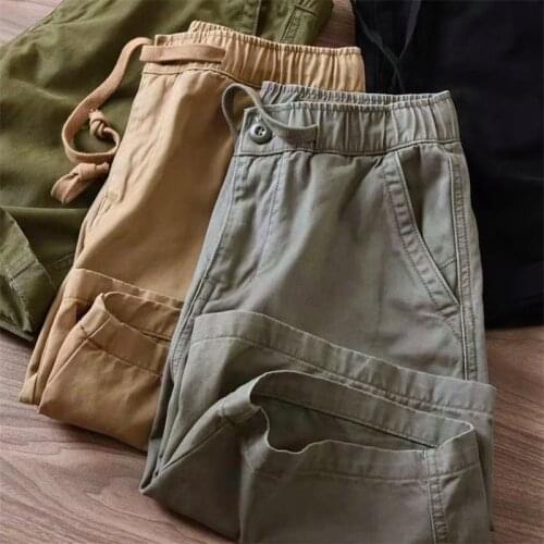 Men Overalls Vintage Street Style Male Summer Short Pants Drawstring Elastic Waist Solid Outdoor Leisure Straight Cargo Pants