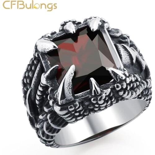 CFBulongs Vintage Men Red Opal Dragon Claw Ring 316L Stainless Steel Hip Hop Rock Mens Jewelry Party Gift