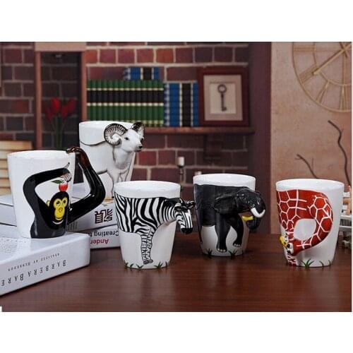 10pcs New 25 color arrival Creative gift Ceramic coffee milk tea mug 3D animal shape Hand painted animals Giraffe Cow Monkey cup