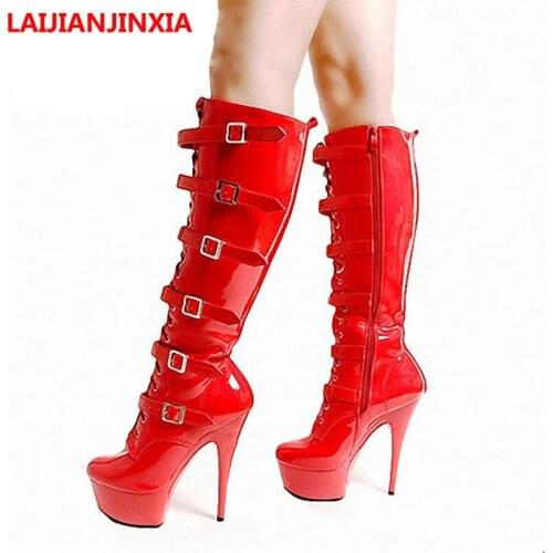LAIJIANJINXIA Ultra-Leather Party Queen Big Size 15cm High Heels Sexy Women Boots Mid-calf Shoes Knee Boots Dance shoes B-073