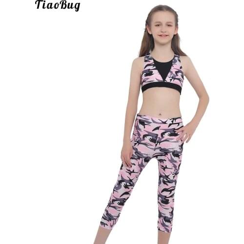 TiaoBug Summer Kid Girl 2Pcs Athletic Suit Dance Outfits Camouflage Tracksuit Sports Crop Impact Cut Out Sport Top Bra And Pants