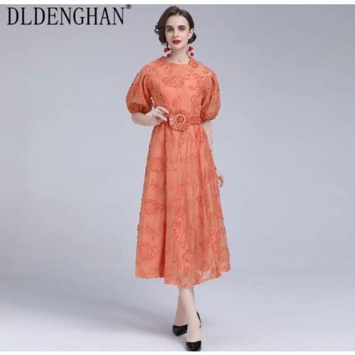 DLDENGHAN Fashion Runway Designer Early Autumn Dress Women O-Neck Puff Sleeve Flower Embroidery Vintage Midi Dresses