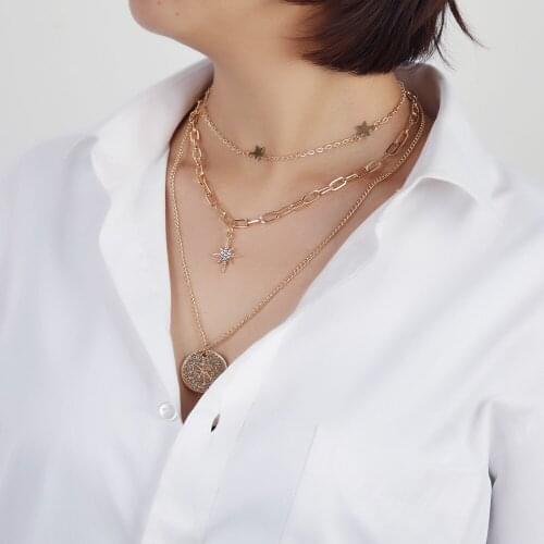 Fashion Gold Silver Color Crystal Sun Star Coin Pendant Necklace For Women Vintage Boho Multilayer Chain Choker Jewelry Gift