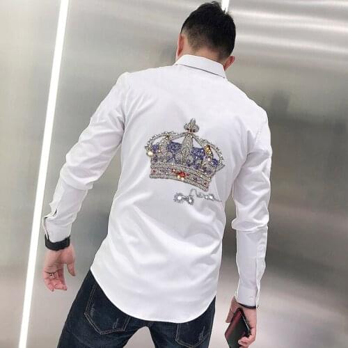 Crown Hot Diamond Mens Shirt Non-Iron Anti-Wrinkle Technology Slim Trend High Quality Long-Sleeved Fashion Clothing