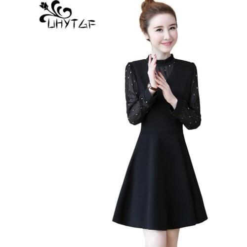 UHYTGF 4XL Plus Size Black Dresses Female Spring Autumn Women Elegant Party Dress fashion Mesh Chiffon Fake two Dress Women X762