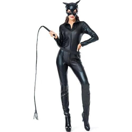 Faux Leather Tight Jumpsuits Women Halloween Black Cat Costumes Female Animal Cosplay Purim Nightclub Bar Role Play Party Dress