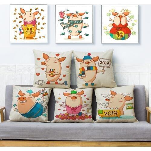 Funny Cute Cartoon Pig Print Cushion Cover Beige Linen Pillow Covers 45*45 Square Throw Pillows Cases Sofa Home Decor Pillowcase