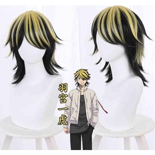 Tokyo Revengers Cosplay Wig Kazutora Hanemiya Cosplay Headwear Black High Light Yellow Wig Heat Synthetic Fiber Hair Cos Prop