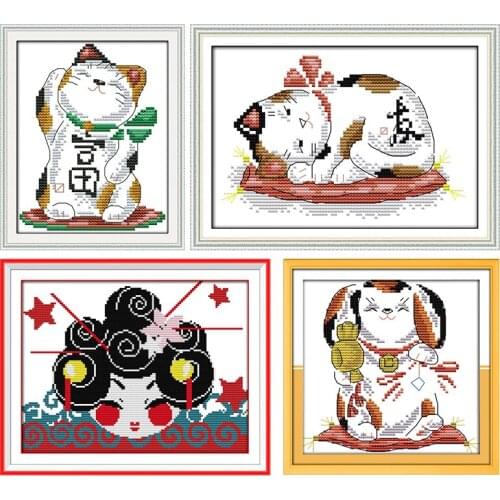 Japanese Dolly Cross-Stitch Kits Cat Cartoon Needlework for Full Embroidery White Canvas Needlework Home Decor 11CT 14CT Printed
