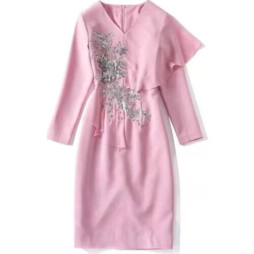 European and American womens wear new autumn 2022 Long sleeve, beaded sequins V neck Fashionable flounces dress