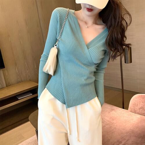 Cross V-neck Knitted T Shirt Womens 2021 Spring Autumn Pullovers Sweater Female Slim Long Sleeve Knitwear T-shirt Jumpers